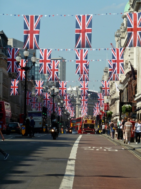 Patriotic flags line Regent St for the Royal wedding on April 29th 2011