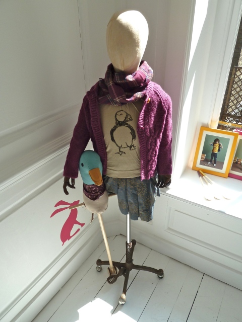 Berry coloured knit with Puffin print T and little puffin hobby horse friend from Little Joule winter 2011
