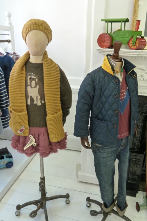 Intarsia Bulldog sweater for girls and classic country quilted jacket for boys at Little Joule autumn preview 2011