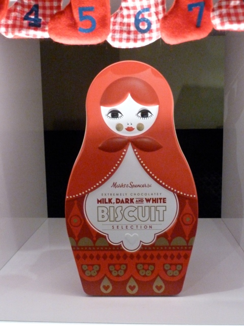 Matryoshka Russian dolls are a popular symbol for Xmas 2011, here for a biscuit tin at Marks and Spencer 