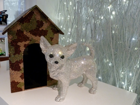 The most OTT gift by Mauro Peruccheti "Theory of evolution" Swarovski pet dog and kennel from Harrods